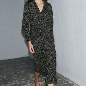 NWT SIZE SMALL DRAPED PLAID DRESS KHAKI BLACK GREY 9235/890/110 ZARA